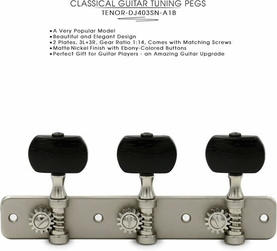 DJ403SN-A1B TENOR Classical Guitar Tuners, Tuning Key Pegs/Machine Heads for Classical or Flamenco Guitar with Matte Nickel Finish and Ebony Colored Buttons  2